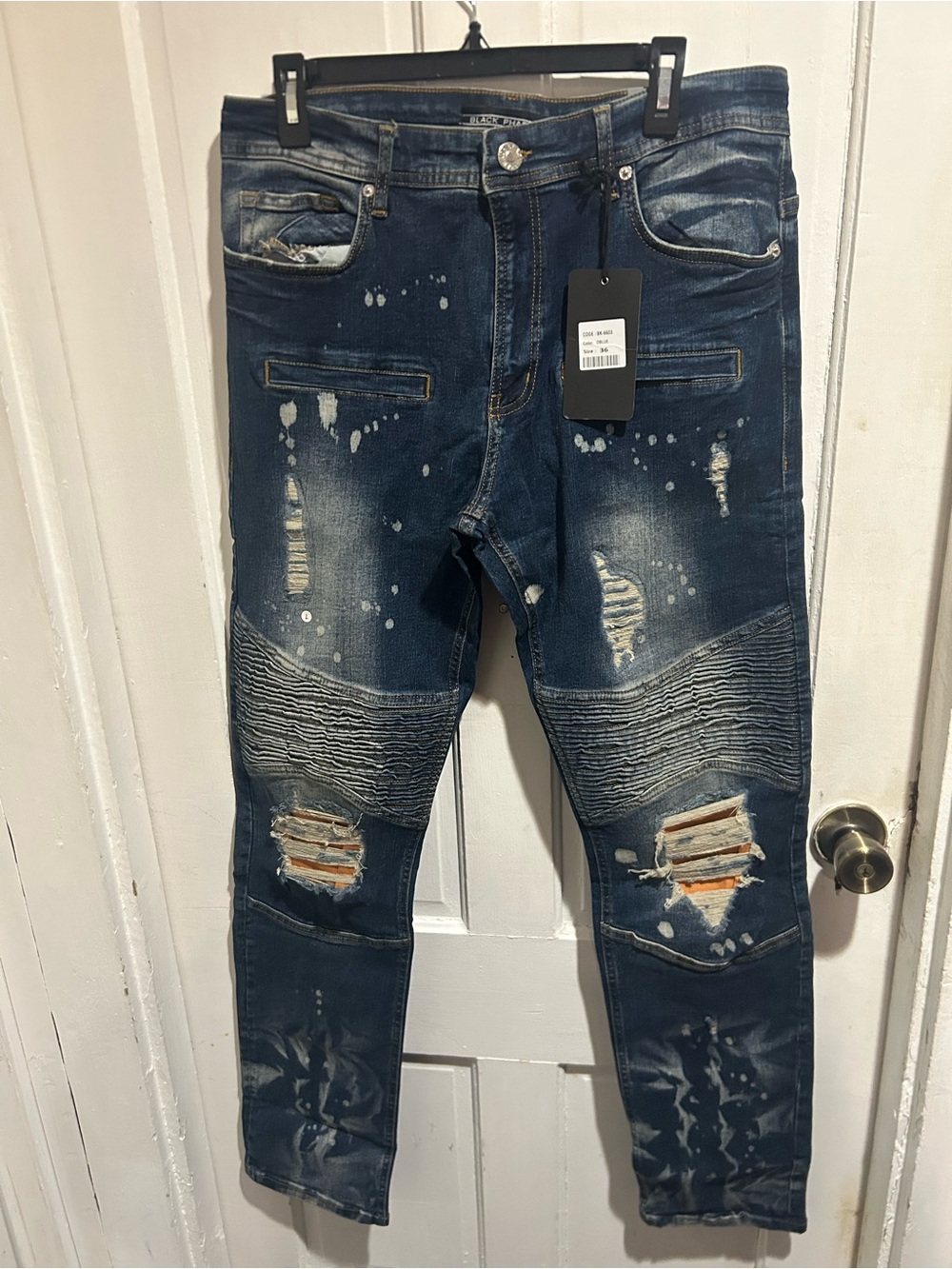 Men's Skinny Distressed Dark Blue Jeans with Ribbed Knee Detail